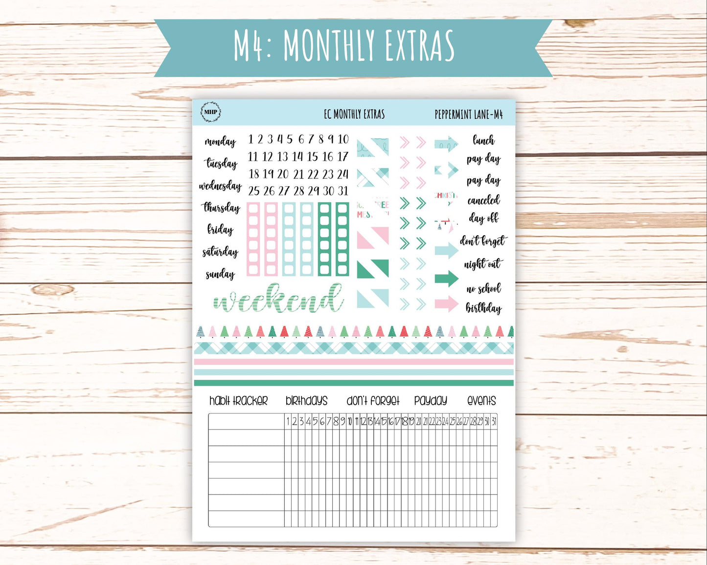 DECEMBER Monthly Kit Stickers for 7x9 Erin Condren Planners. "Peppermint Lane" || ECM-PML