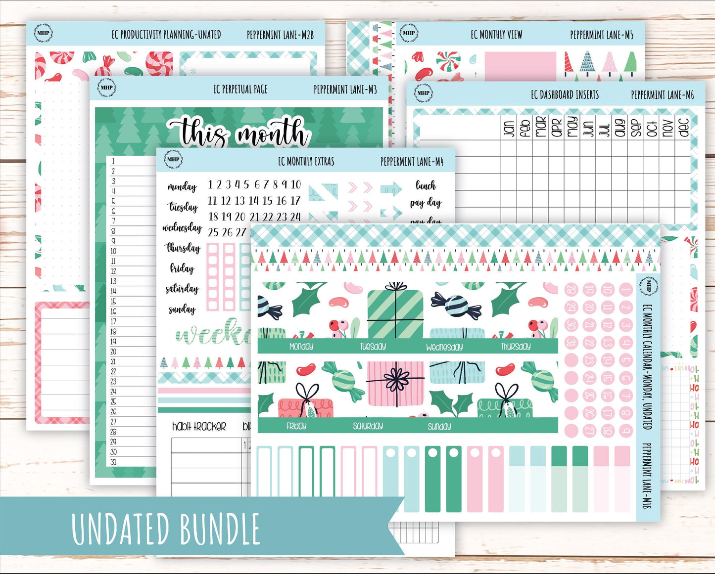 DECEMBER Monthly Kit Stickers for 7x9 Erin Condren Planners. "Peppermint Lane" || ECM-PML