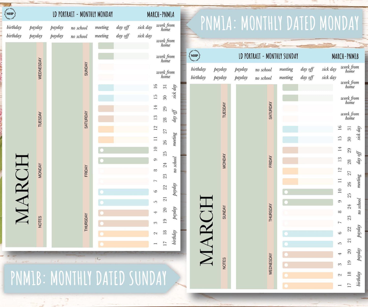 MARCH Stickers for Laurel Denise Portrait Planners. Neutral Color || PN-MAR