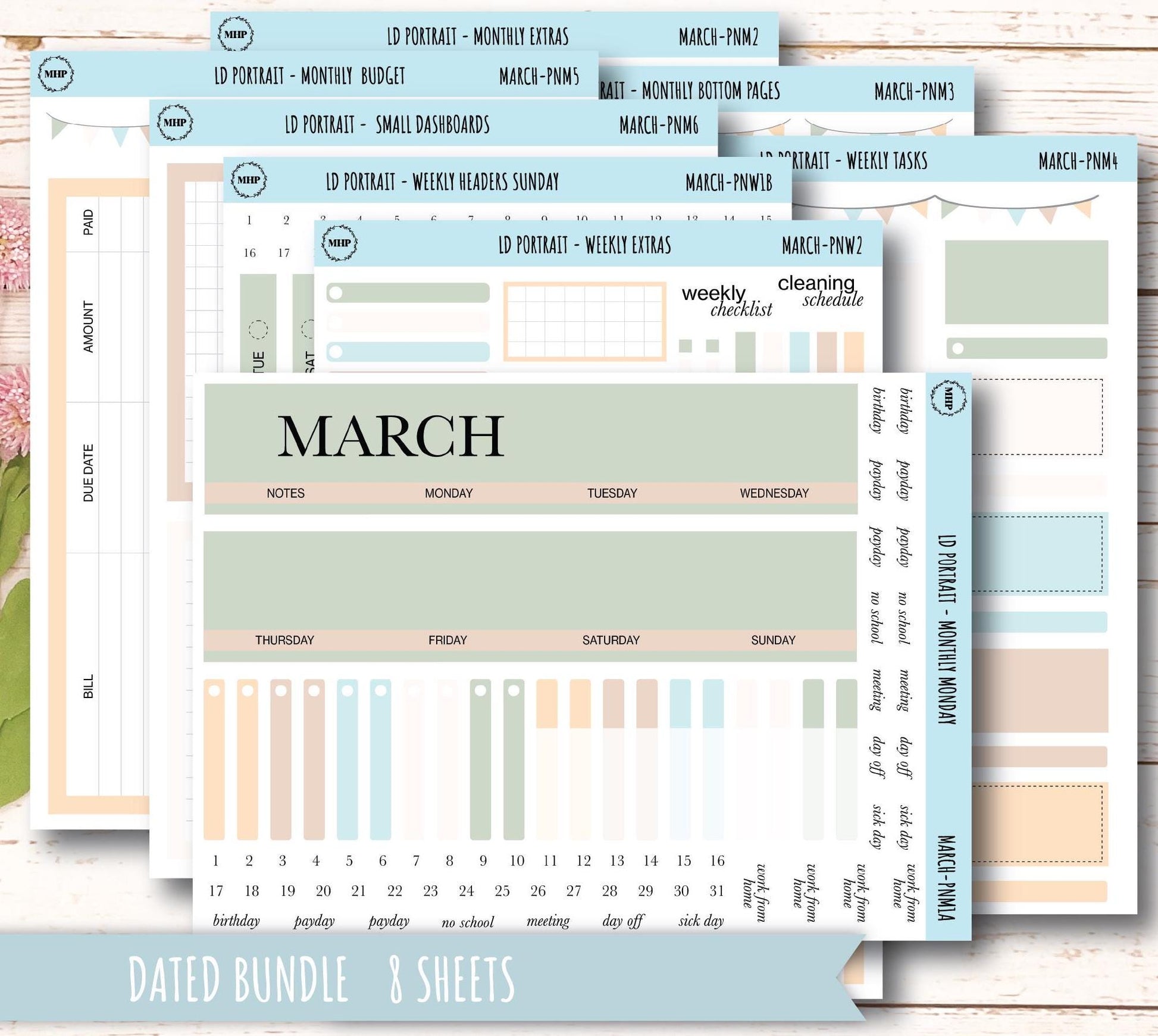 MARCH Stickers for Laurel Denise Portrait Planners. Neutral Color || PN-MAR