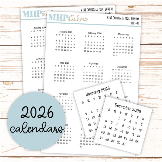 Mini 2026 Calendar Stickers for Planners and Bullet Journals || H663 - F817