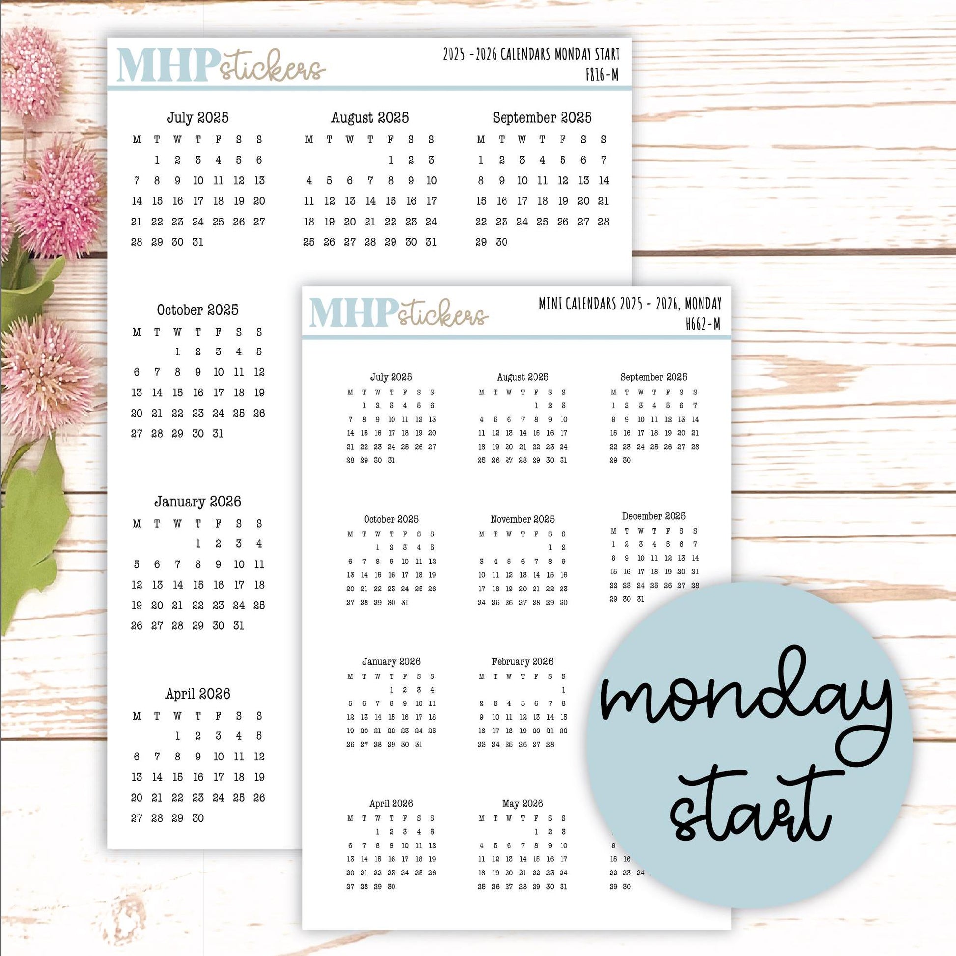 2025 - 2026 Calendar Stickers for Planners and Bullet Journals || H662 - F816