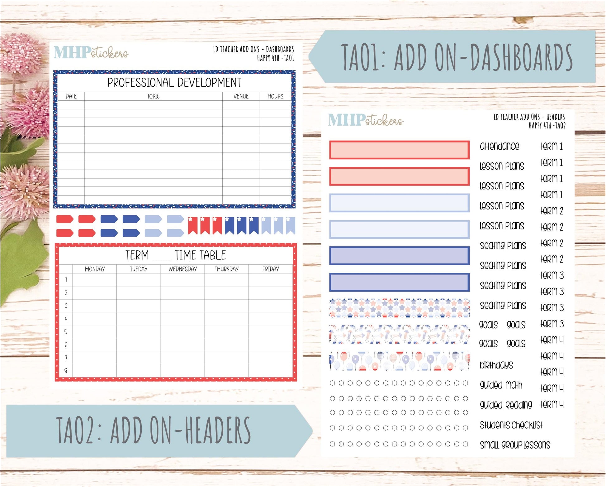 JULY Stickers for Laurel Denise Teacher Planners. "Happy 4th" || TH4
