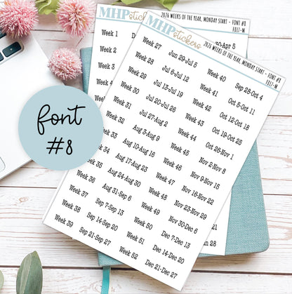 2026 Weeks of the Year Stickers MONDAY START for Planners and Bullet Journals. || F809