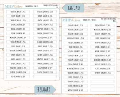 2026 Days of the Year Labels. Month & Number Day for Planners and Bullet Journals. || B301