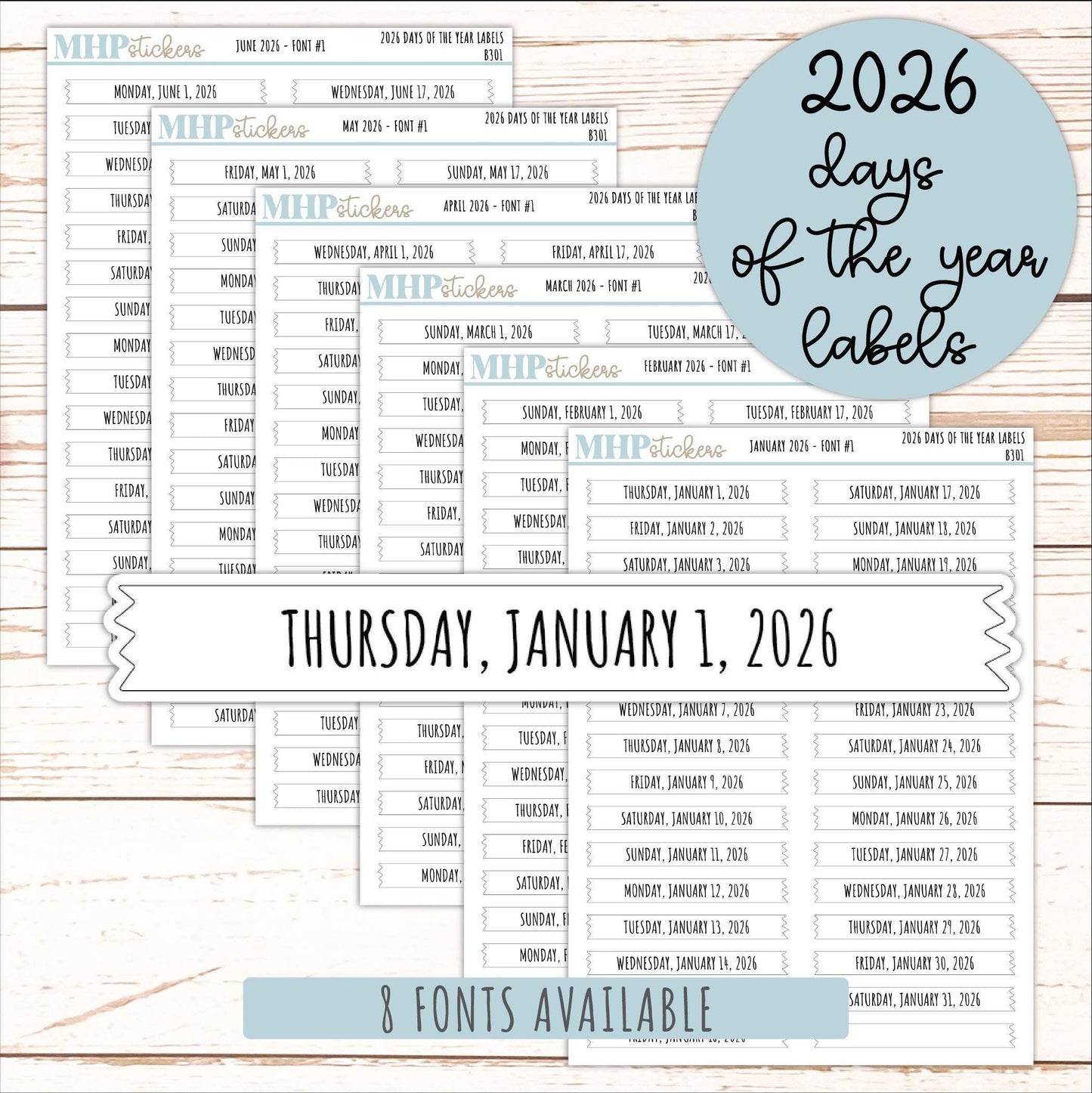 2026 Days of the Year Labels. Month & Number Day for Planners and Bullet Journals. || B301