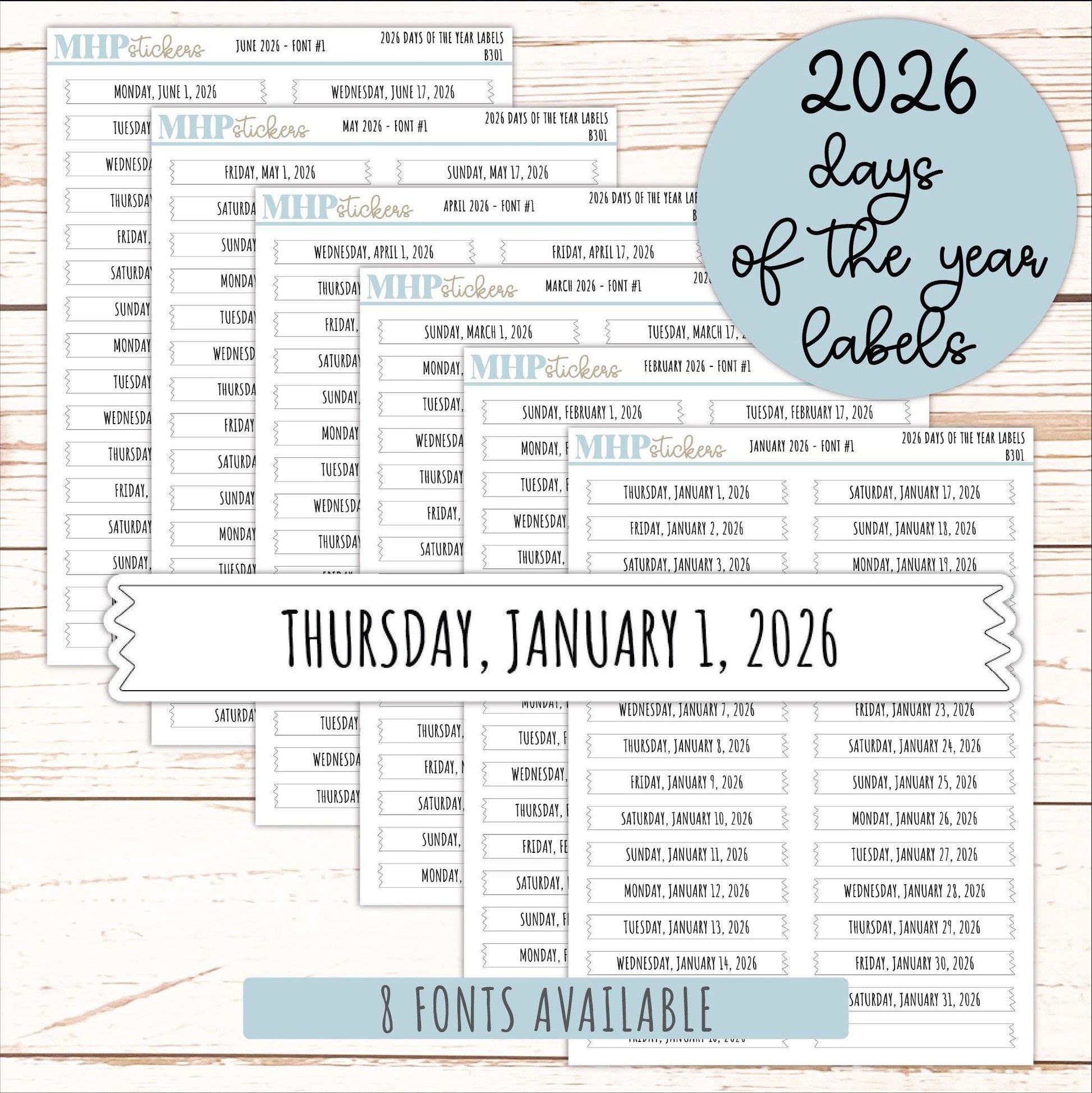 2026 Days of the Year Labels. Month & Number Day for Planners and Bullet Journals. || B301