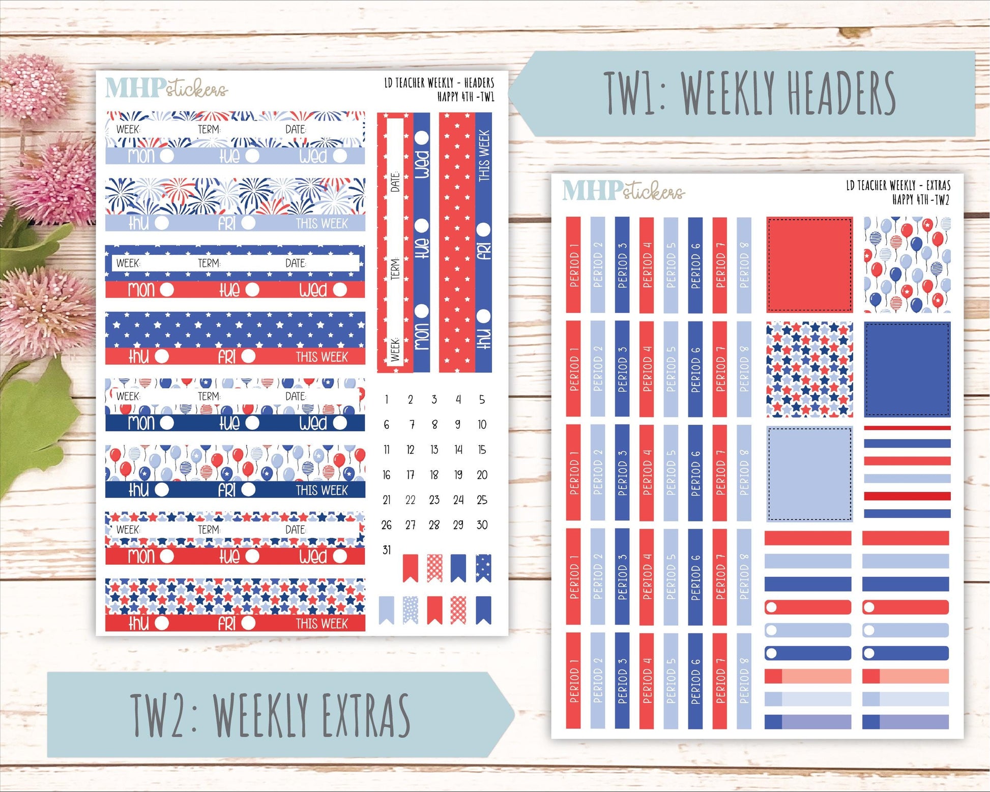 JULY Stickers for Laurel Denise Teacher Planners. "Happy 4th" || TH4