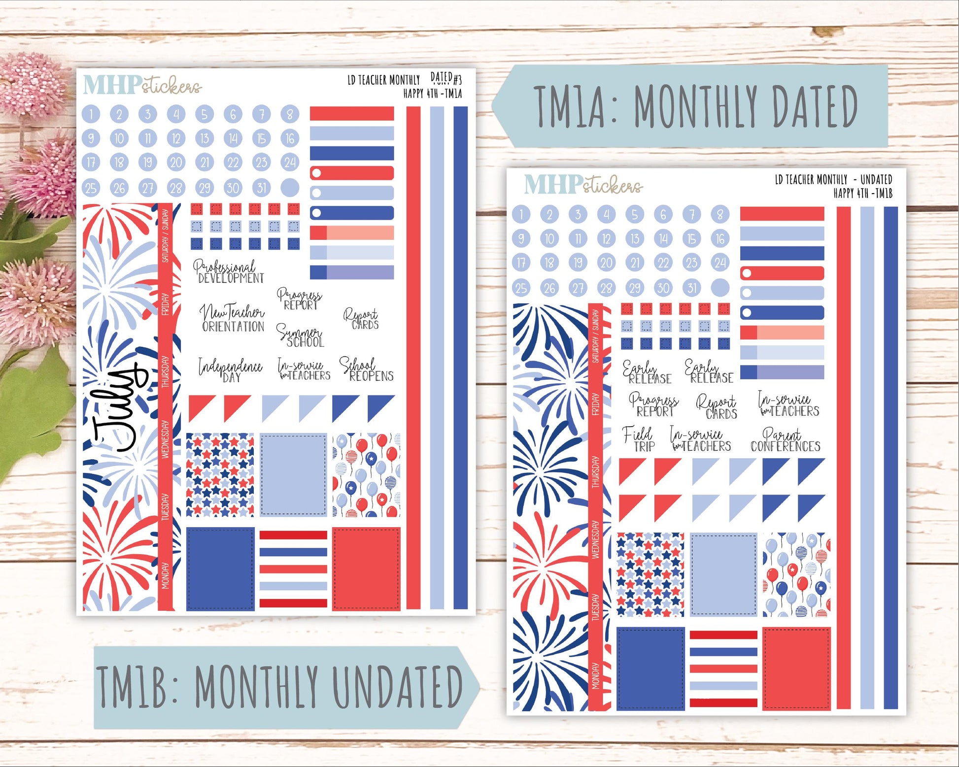 JULY Stickers for Laurel Denise Teacher Planners. "Happy 4th" || TH4