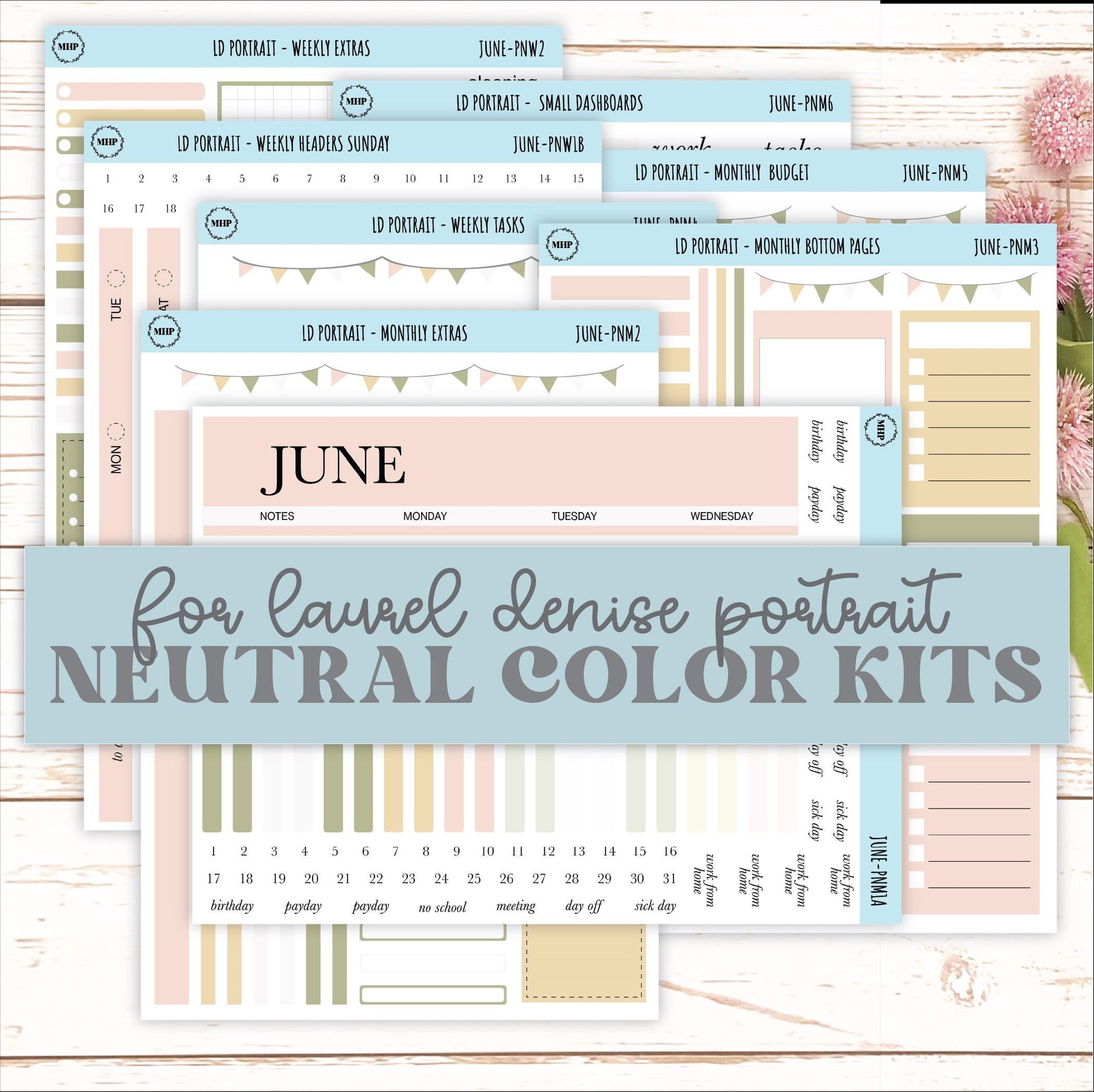 JUNE Stickers for Laurel Denise Portrait Planners. Neutral Color || PN