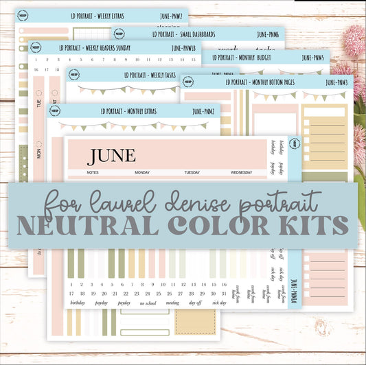 JUNE Stickers for Laurel Denise Portrait Planners. Neutral Color || PN