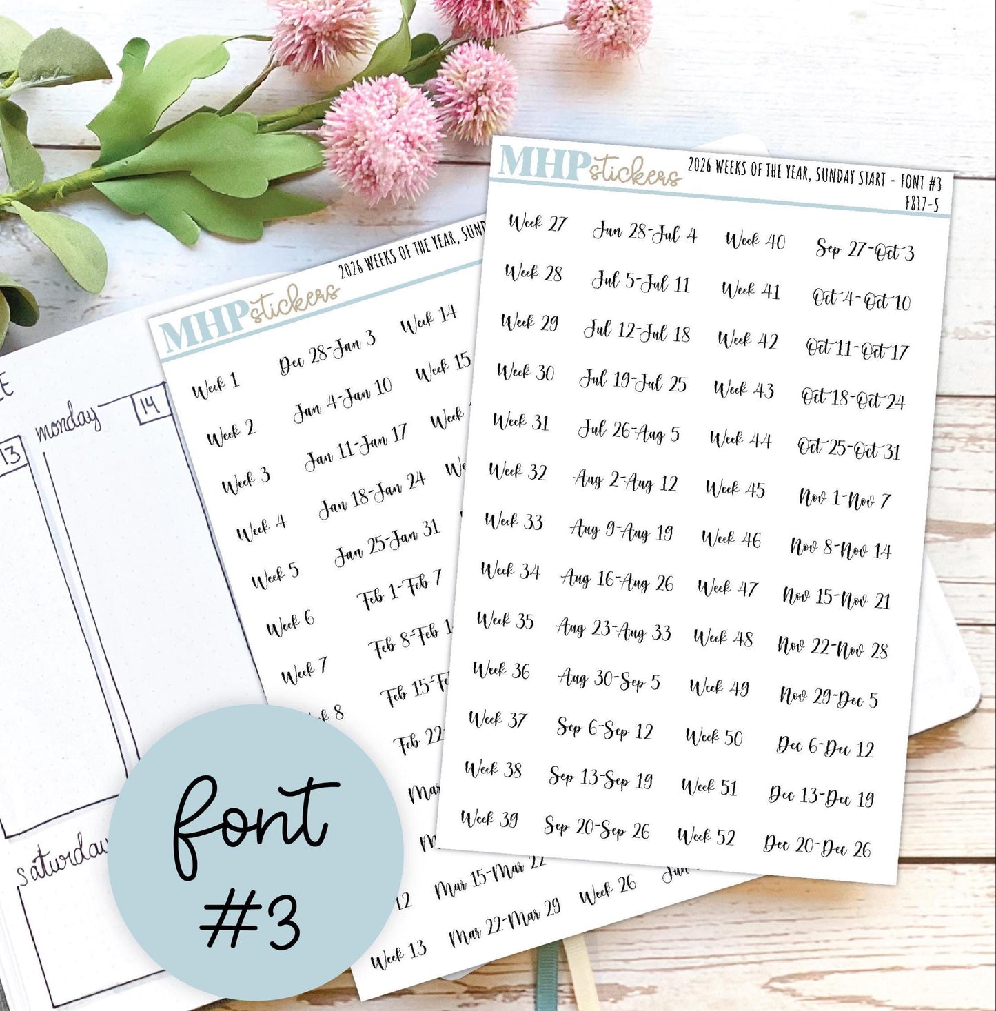 2026 Weeks of the Year Stickers SUNDAY START for Planners and Bullet Journals. || F809