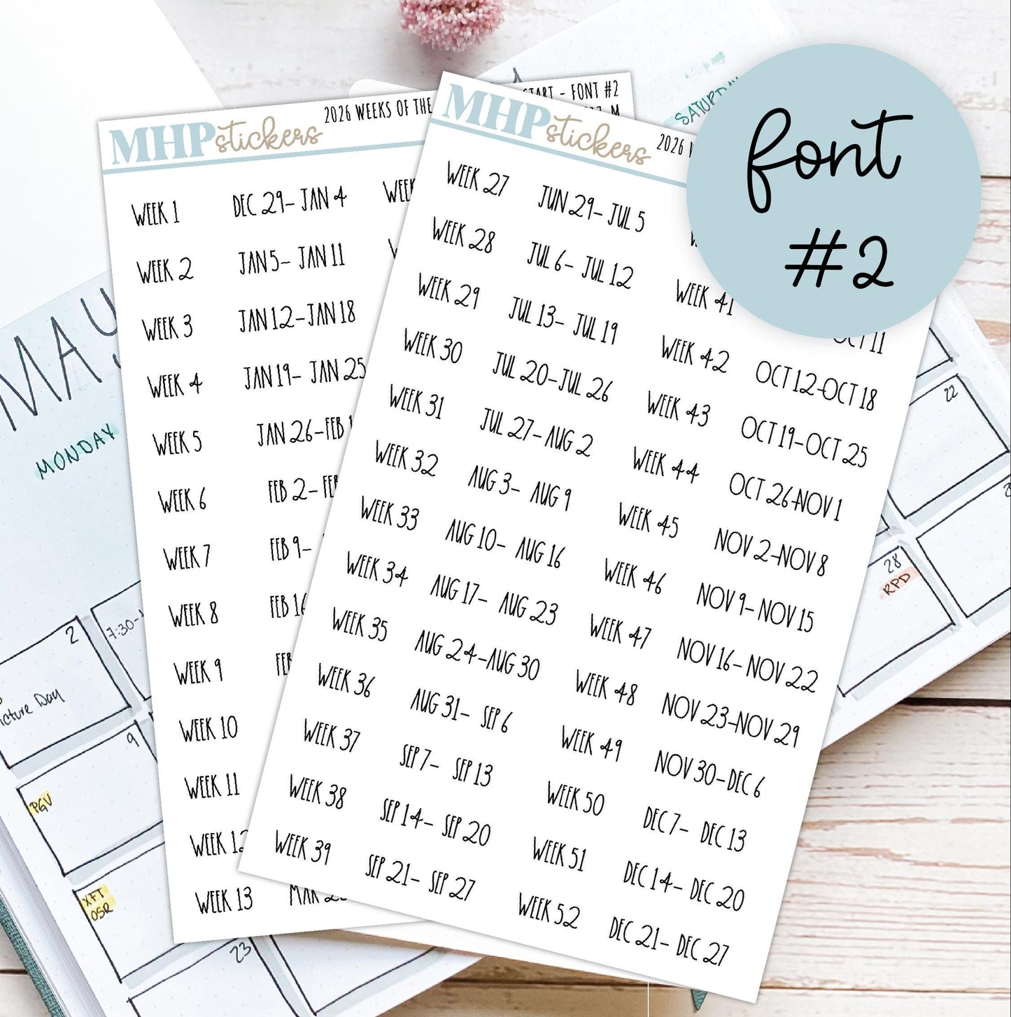 2026 Weeks of the Year Stickers MONDAY START for Planners and Bullet Journals. || F809