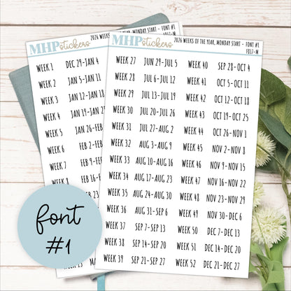 2026 Weeks of the Year Stickers MONDAY START for Planners and Bullet Journals. || F809