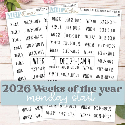 2026 Weeks of the Year Stickers MONDAY START for Planners and Bullet Journals. || F809