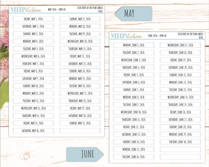 2026 Days of the Year Labels. Month & Number Day for Planners and Bullet Journals. || B301
