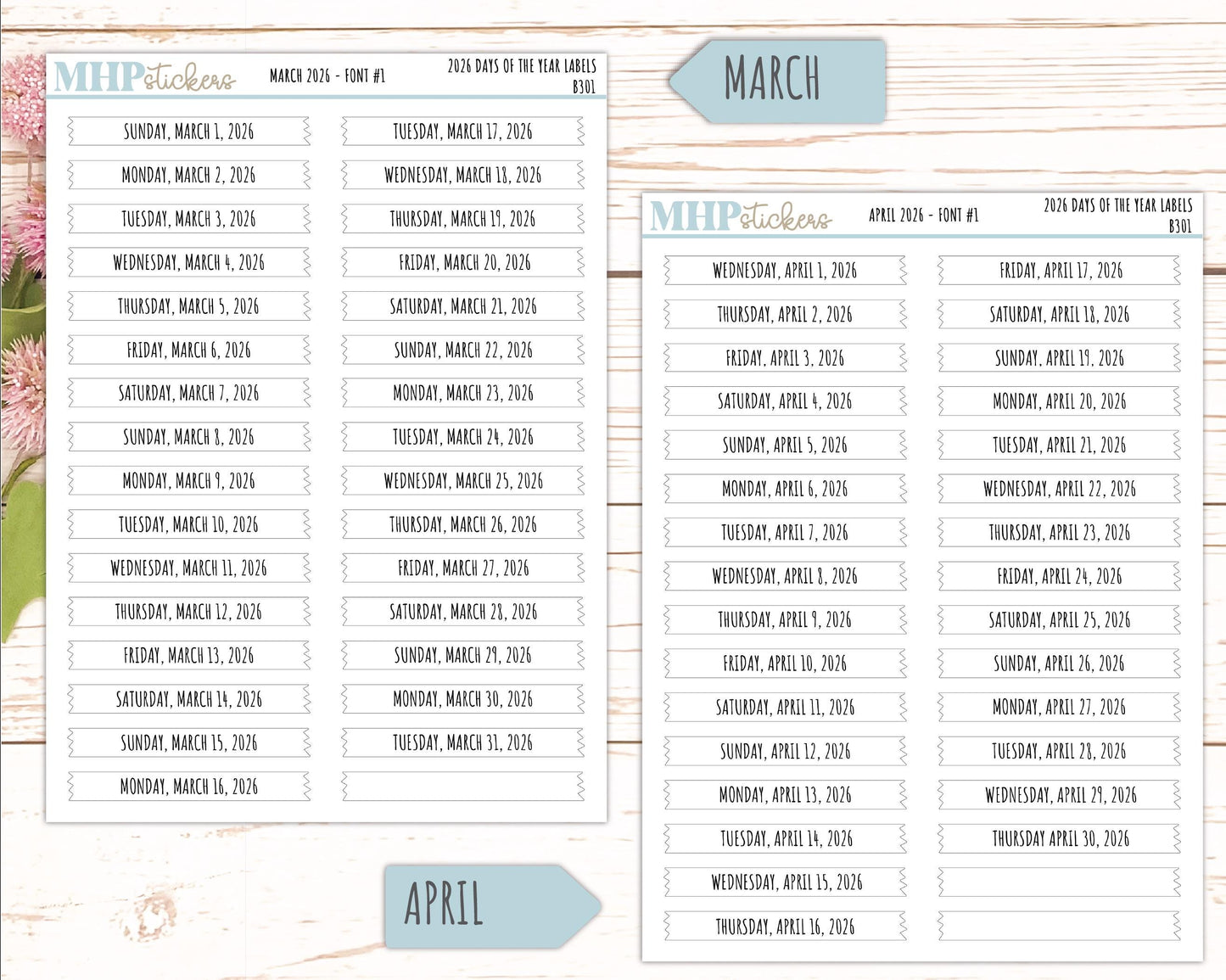 2026 Days of the Year Labels. Month & Number Day for Planners and Bullet Journals. || B301