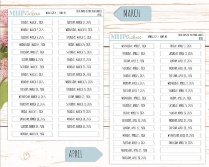 2026 Days of the Year Labels. Month & Number Day for Planners and Bullet Journals. || B301