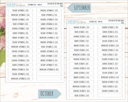 2026 Days of the Year Labels. Month & Number Day for Planners and Bullet Journals. || B301