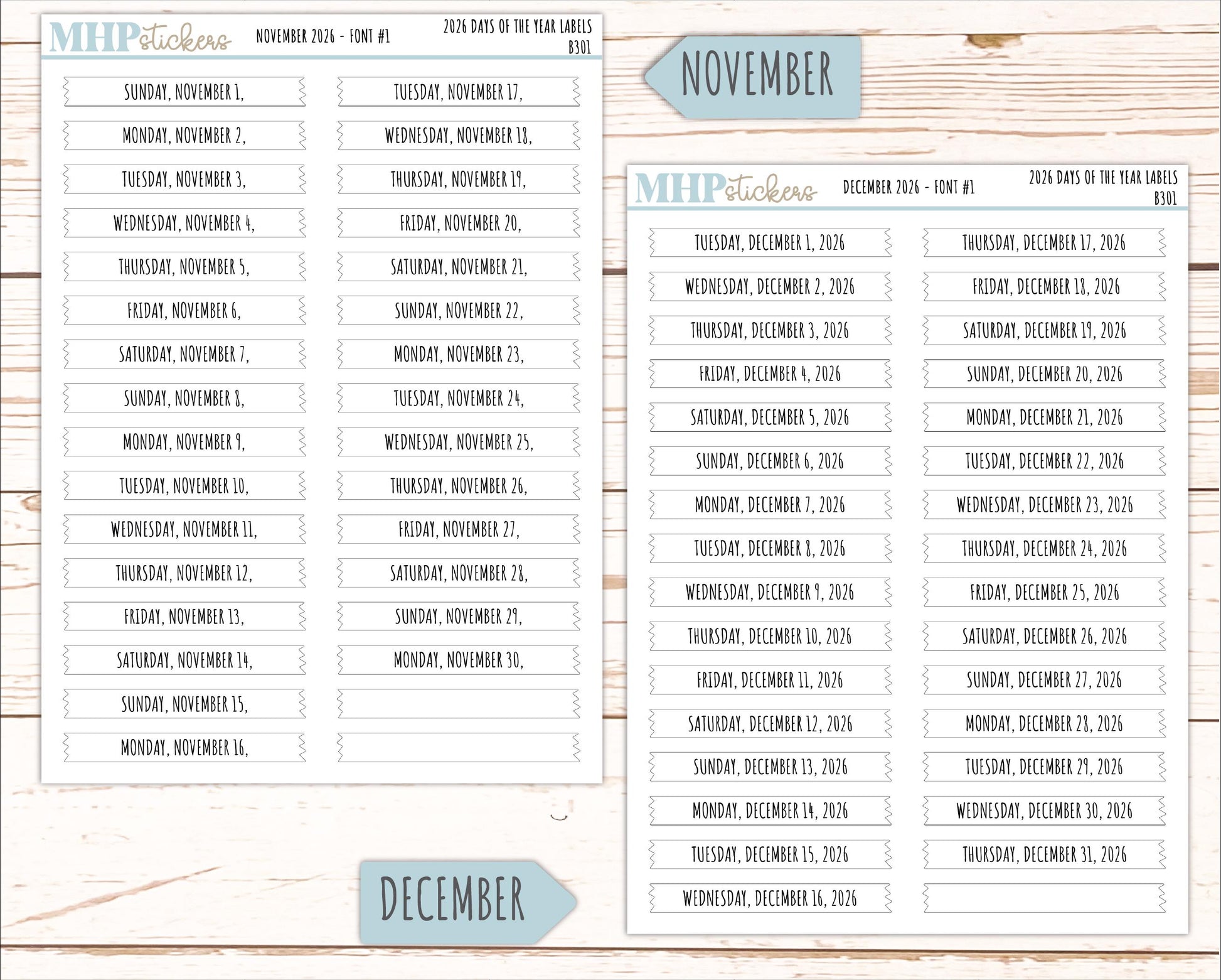 2026 Days of the Year Labels. Month & Number Day for Planners and Bullet Journals. || B301