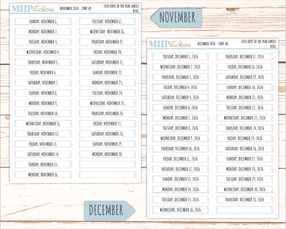 2026 Days of the Year Labels. Month & Number Day for Planners and Bullet Journals. || B301