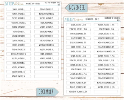 2026 Days of the Year Labels. Month & Number Day for Planners and Bullet Journals. || B301