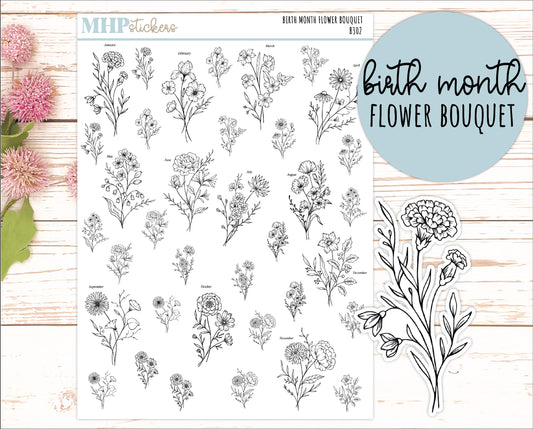 Birth Month Flower Doodle. Flower Bouquet. Planner Stickers || B302