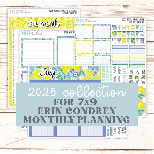 JULY MONTHLY Kit for 7x9 Erin Condren Planners. 2025 Collection "Blueberry Lemon" || ECM