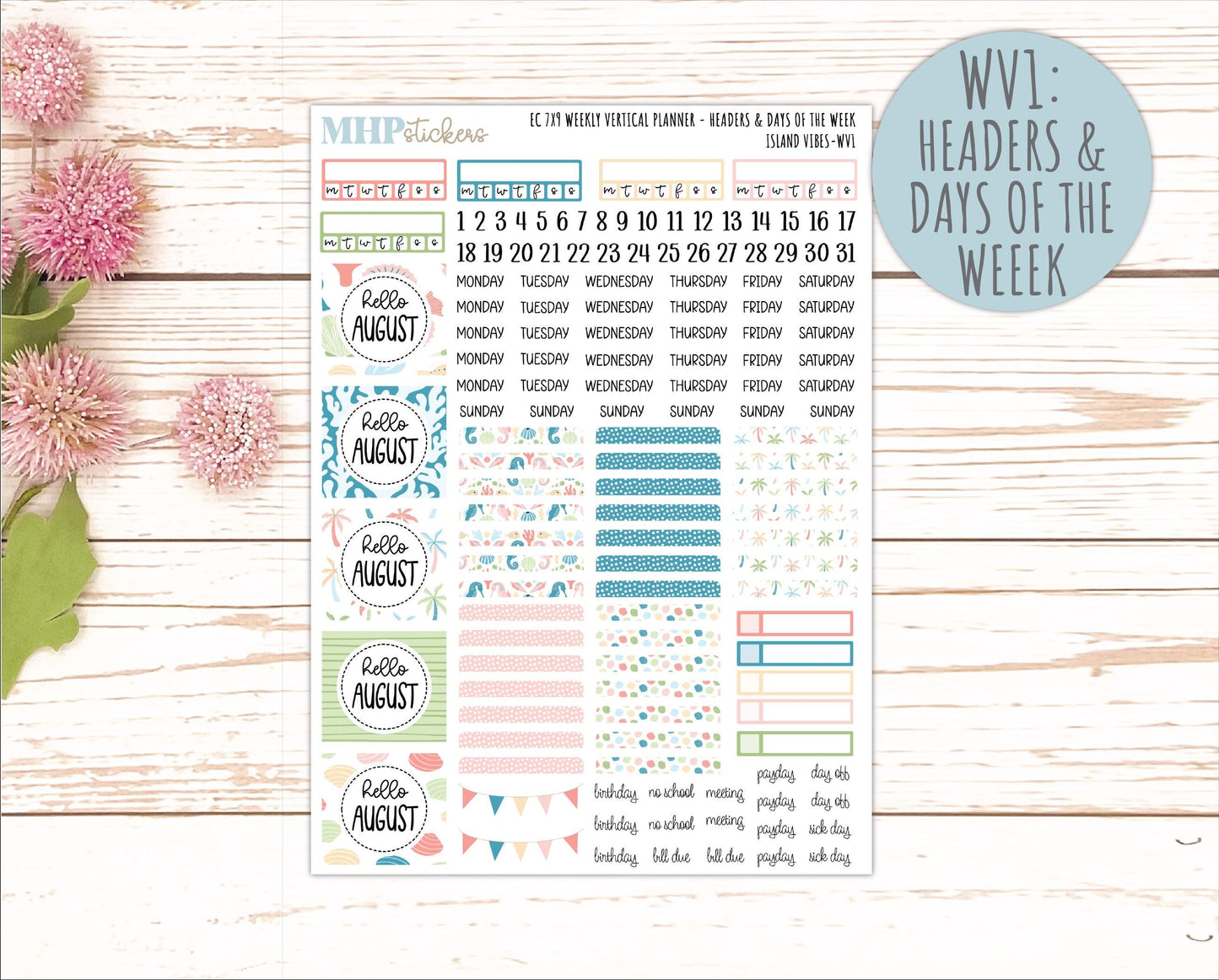 AUGUST Weekly Vertical Kits for 7x9 Erin Condren Planners. "Island Vibes" || ECWV