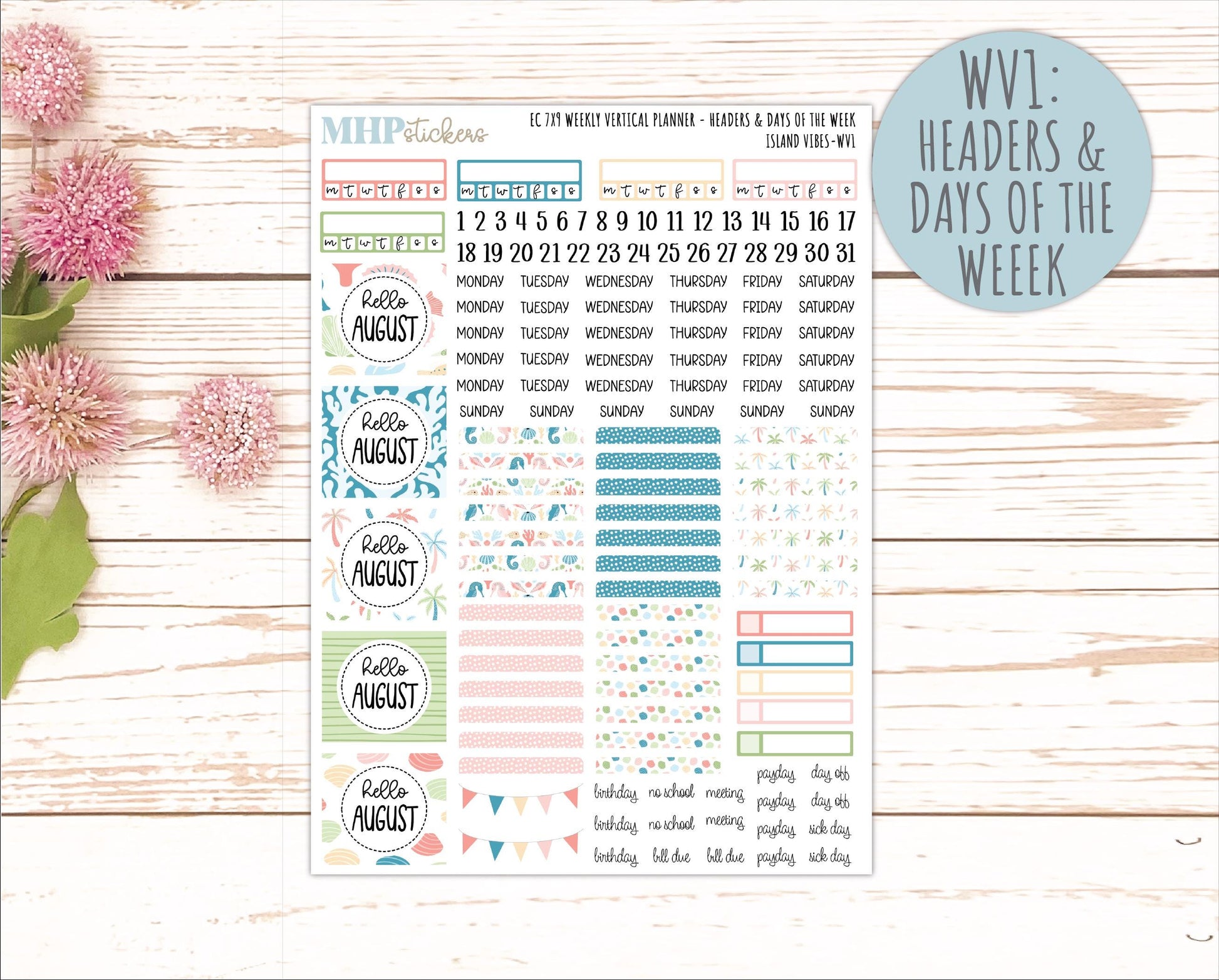 AUGUST Weekly Vertical Kits for 7x9 Erin Condren Planners. "Island Vibes" || ECWV