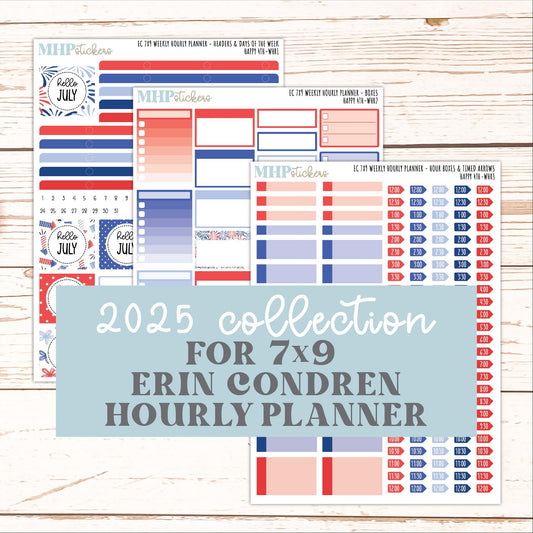 JULY Weekly Hourly Planning Kit for 7x9 Erin Condren Planners. "Happy 4th" || ECWHR
