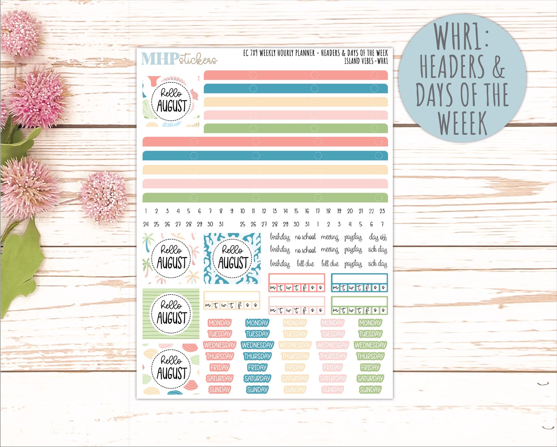 AUGUST Weekly Hourly Planning Kits for 7x9 Erin Condren Planners. "Island Vibes" || ECWHR