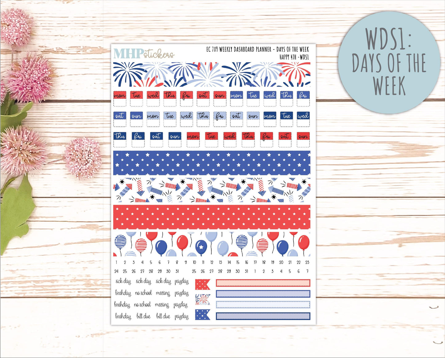 JULY Weekly Dashboard Kit for 7x9 Erin Condren Planners. "Happy 4th" || ECWDS
