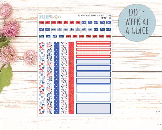 JULY Daily Duo Sticker Kit for 7x9 Erin Condren Planners. "Happy 4th" || ECDD