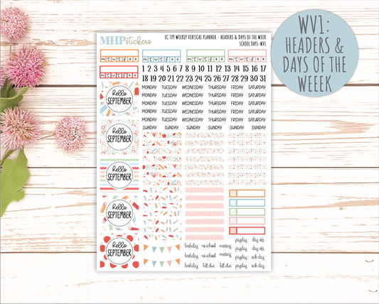 SEPTEMBER Weekly Vertical Kits for 7x9 Erin Condren Planners. "School Days" || ECWV