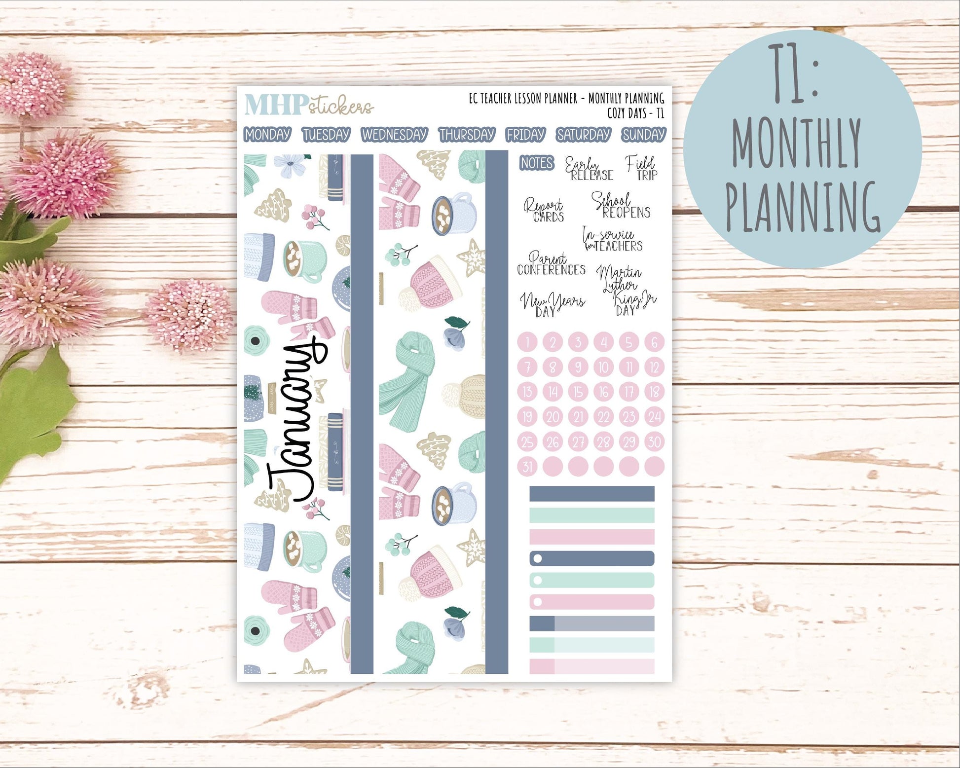 JANUARY Stickers for EC Teacher Lesson Planner. 2025 Collection "Cozy Days" || ECT
