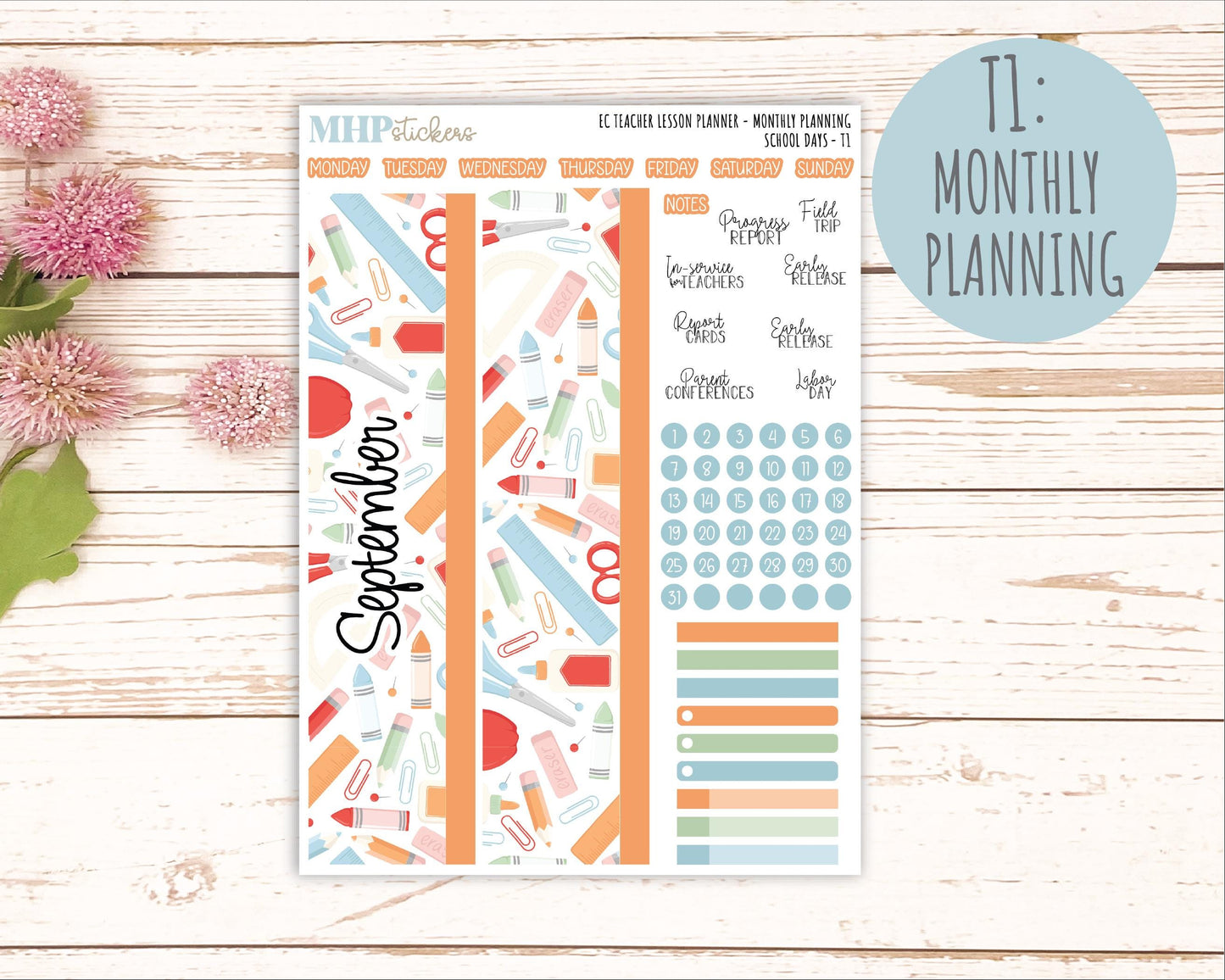 SEPTEMBER Stickers for EC Teacher Lesson Planner. 2025 Collection "School Days" || ECT