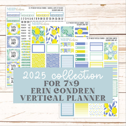 JULY Weekly Vertical Kits for 7x9 Erin Condren Planners. "Blueberry Lemon" || ECWV