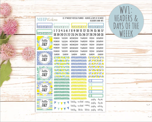 JULY Weekly Vertical Kits for 7x9 Erin Condren Planners. "Blueberry Lemon" || ECWV