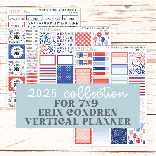 JULY Weekly Vertical Kits for 7x9 Erin Condren Planners. "Happy 4th" || ECWV