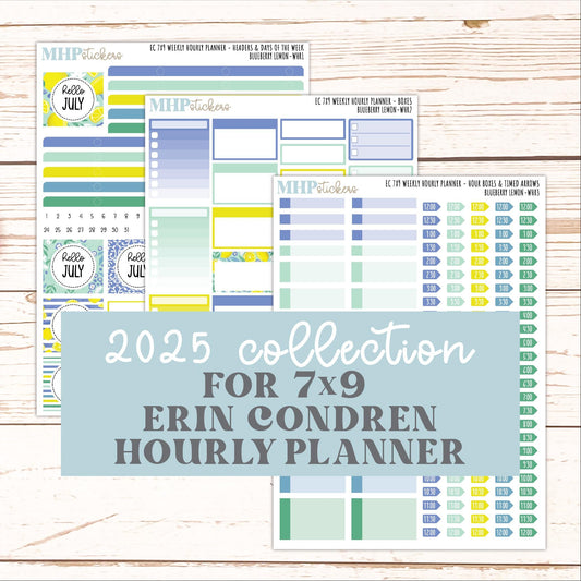 JULY Weekly Hourly Planning Kit for 7x9 Erin Condren Planners. "Blueberry Lemon" || ECWHR