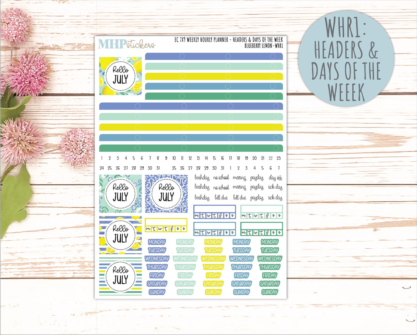 JULY Weekly Hourly Planning Kit for 7x9 Erin Condren Planners. "Blueberry Lemon" || ECWHR