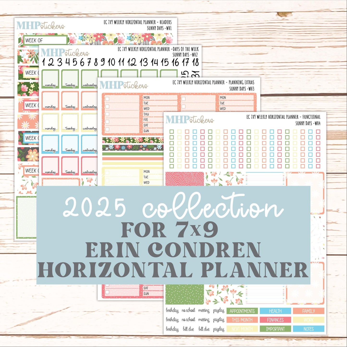 AUGUST Weekly Horizontal Planning Kit for 7x9 Erin Condren Planners. "Sunny Days" || ECWH