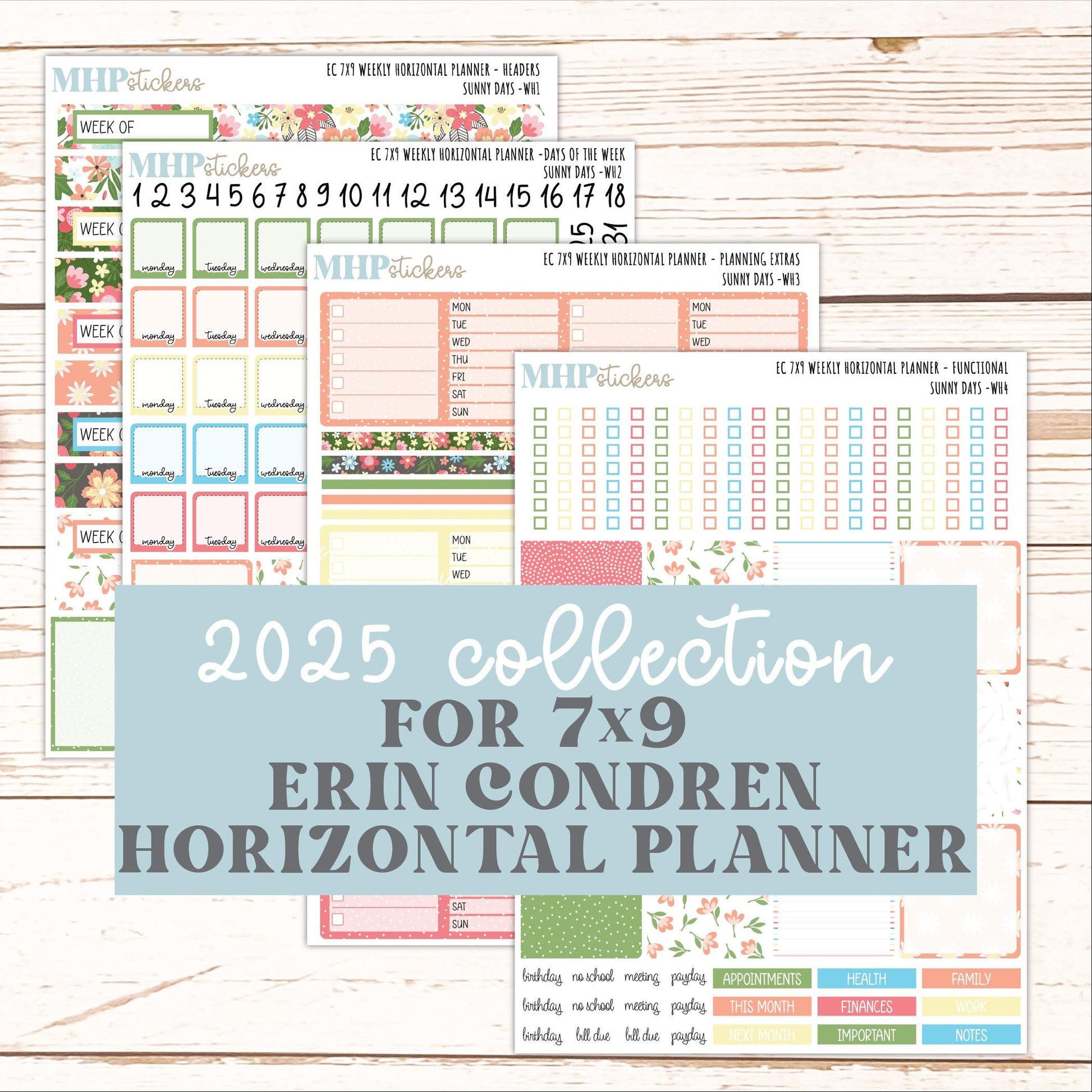 AUGUST Weekly Horizontal Planning Kit for 7x9 Erin Condren Planners. "Sunny Days" || ECWH