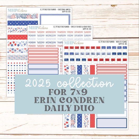 JULY Daily Duo Sticker Kit for 7x9 Erin Condren Planners. "Happy 4th" || ECDD