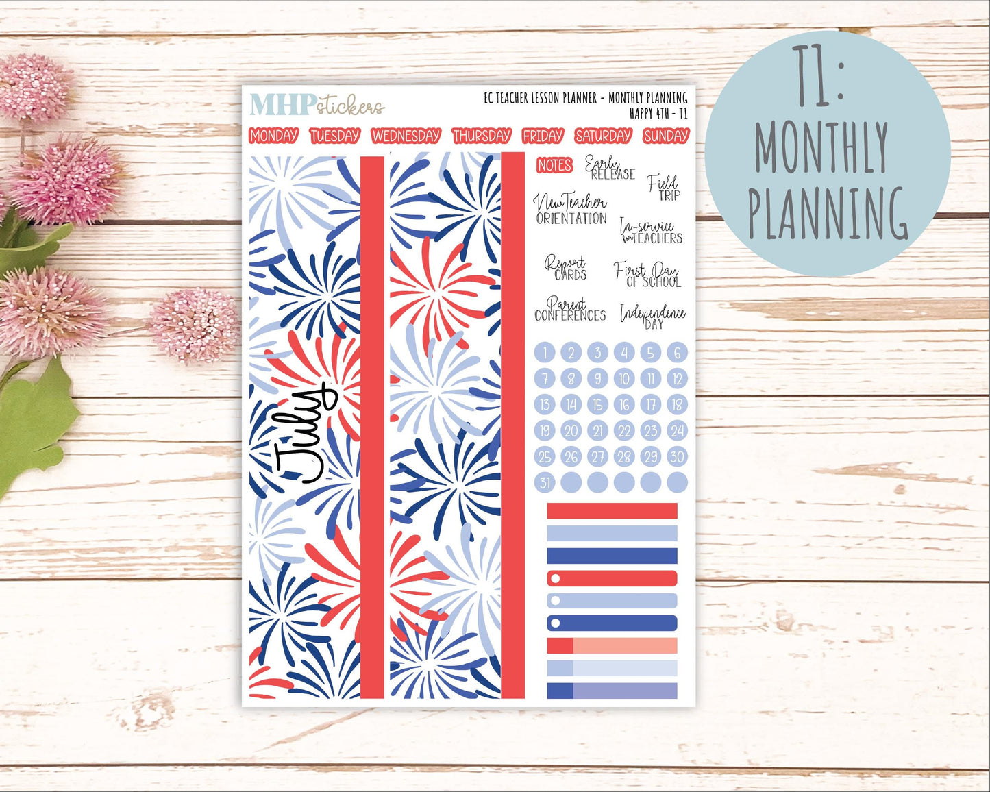 JULY Stickers for EC Teacher Lesson Planner. 2025 Collection "Happy 4th" || ECT