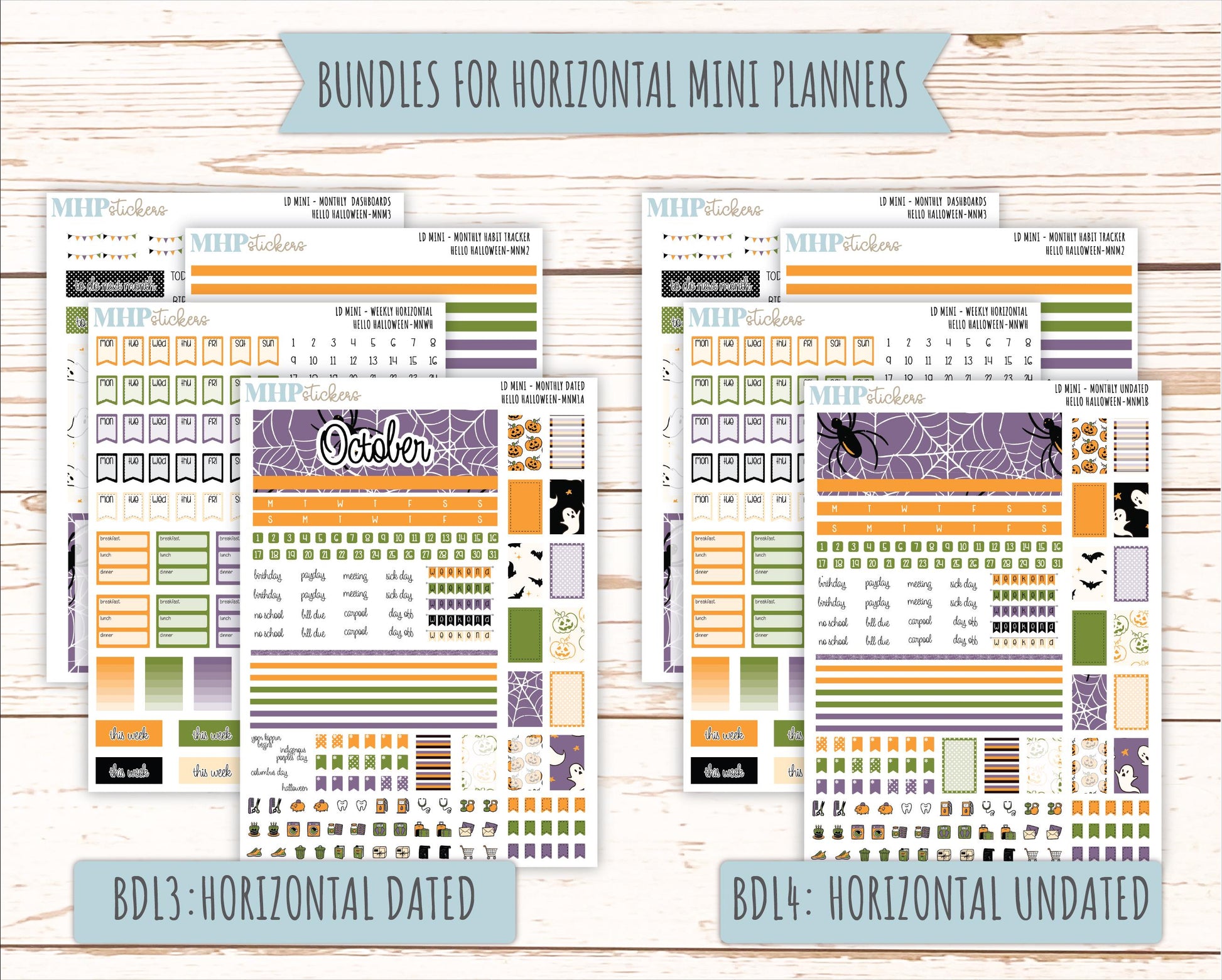 OCTOBER 2025 Stickers for MINI Horizontal & Vertical Laurel Denise Planners. "Hello Halloween" || MN