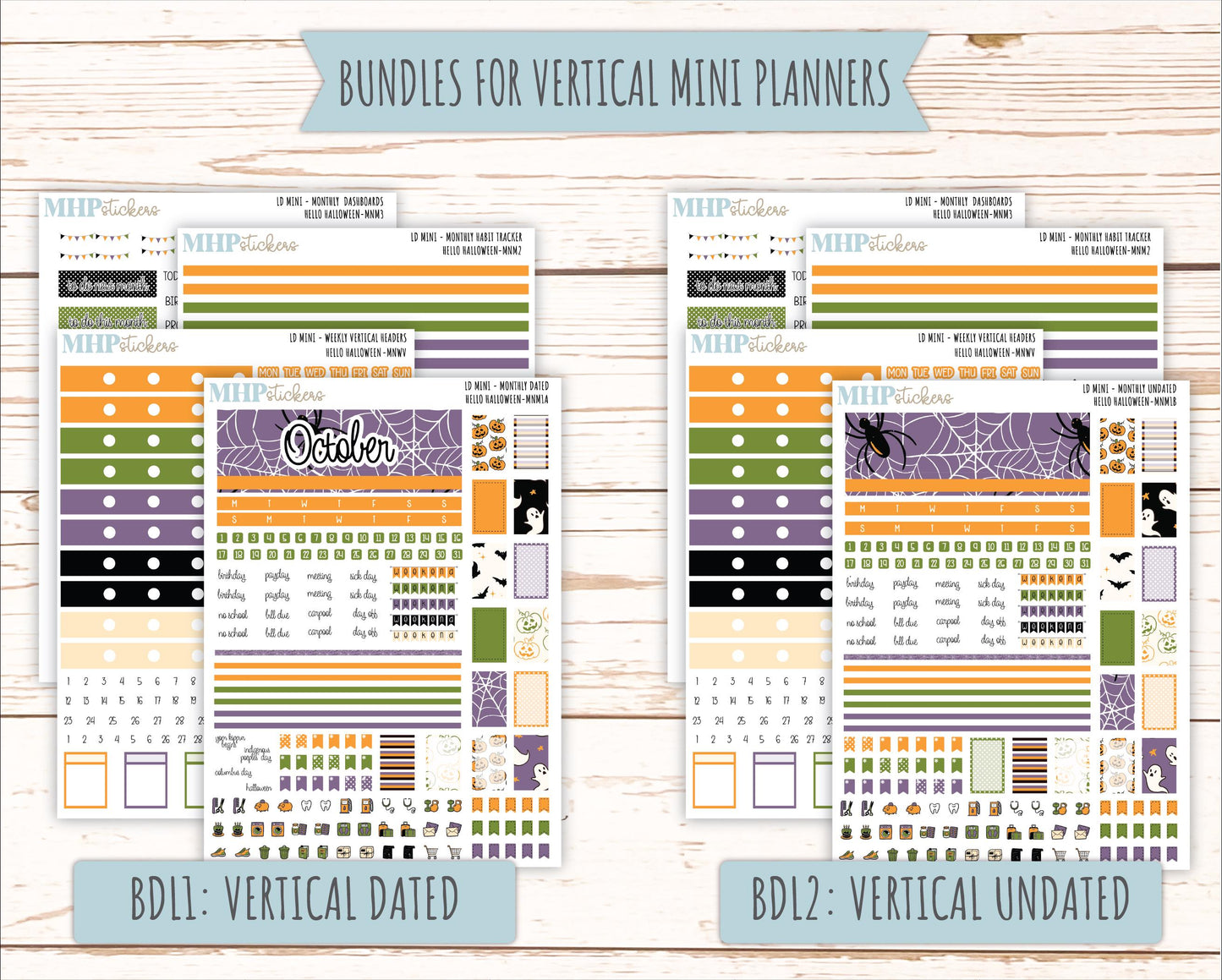 OCTOBER 2025 Stickers for MINI Horizontal & Vertical Laurel Denise Planners. "Hello Halloween" || MN