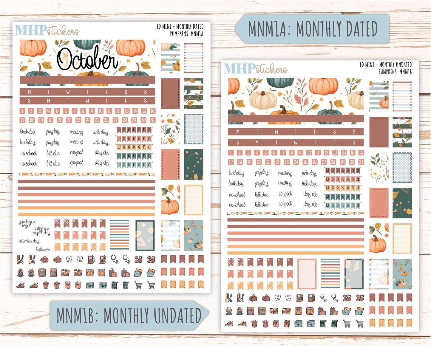 OCTOBER 2025 Stickers for MINI Horizontal & Vertical Laurel Denise Planners. "Pumpkins" || MN