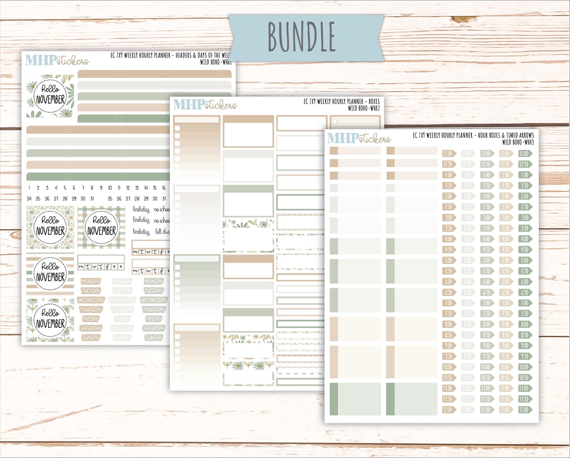 NOVEMBER Weekly Hourly Planning Kits for 7x9 Erin Condren Planners. "Wild Boho" || ECWHR